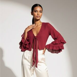 FAVLUX Burgundy Ruffle Sleeve Blouse